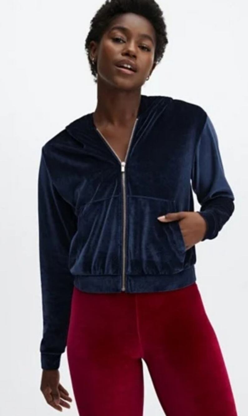 Fabletics Navy Blue Velour Luxurious "Donna" Full Zip Hooded Sweatshirt Women 4x